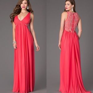 Floor-Length Lace Embroidered Illusion Back Pink Prom Gown